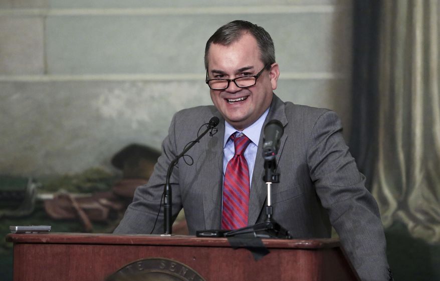 Oklahoma Senate minority leader Sean Burrage speaks at a legislative forum hosted by the Associated Press at the Oklahoma State Capitol in Oklahoma City on Wednesday, Jan. 29, 2014. (AP Photo/Alonzo Adams)