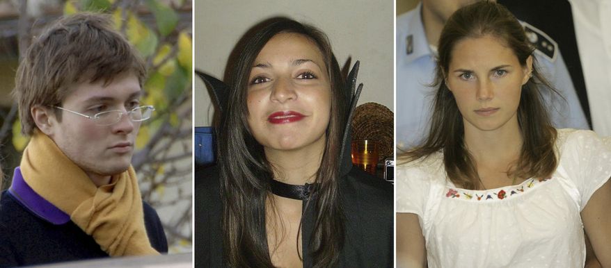 FILE PHOTOS COMBO - File photos combo shows, from left; Italian student Raffaele Sollecito, slain 21-year-old British woman Meredith Kercher, her American roommate Amanda Knox. Few international criminal cases have cleaved along national biases as that of American student Amanda Knox, awaiting half world away her third Italian court verdict in the 2007 slaying of her British roommate, 21-year-old Meredith Kercher. Whatever is decided this week, the protracted legal battle that has grabbed global headlines and polarized trial-watchers in three nations probably won't end in Florence. With the first two trials producing flip-flop guilty-then-innocent verdicts against Knox and her former Italian boyfriend, Raffaele Sollecito, the case has produced harshly clashing versions of events. A Florence appeals panel designated by Italy's supreme court to address errors in the appeals acquittal is set to deliberate Thursday, Jan. 30, 2014, with a verdict expected later in the day. (AP Photo/files)