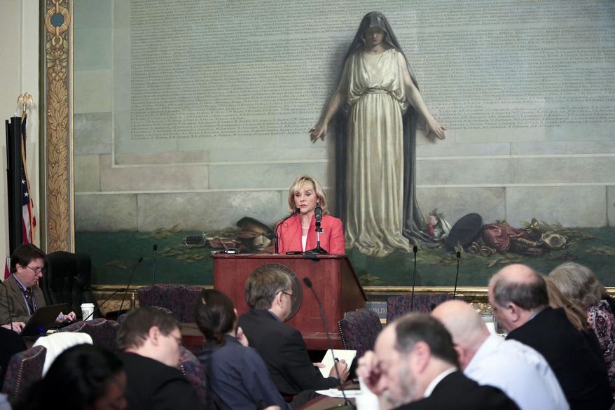 Oklahoma Governor Mary Fallin speaks at a legislative forum hosted by the Associated Press at the Oklahoma State Capitol in Oklahoma City on Wednesday, Jan. 29, 2014. (AP Photo/Alonzo Adams)