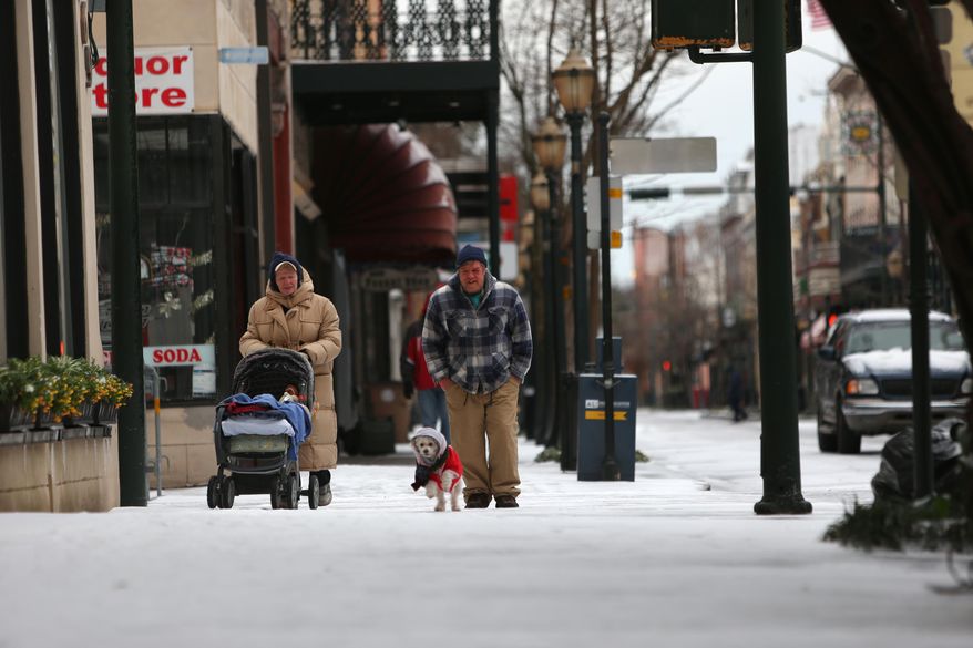 Deanna Davis, left, her dog and her friend Steve Worsham, walk down the street as ice covers downtown Mobile, Ala. on Wednesday, Jan. 29, 2014. The ice and snow storm that hit Alabama was wider and more severe than some officials expected. (AP Photo/AL.com, Sharon Steinmann) MAGS OUT