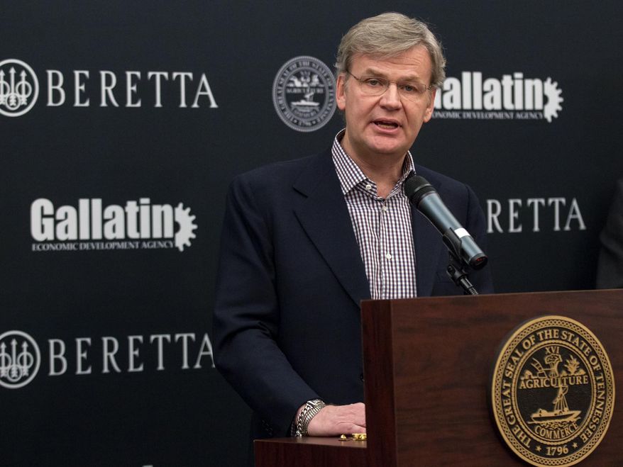 Franco Gussalli Beretta, a director of Beretta USA Corp., speaks during a ceremony at the state Capitol in Nashville, Tenn., on Wednesday, Jan. 29, 2014, to announce that the Italian firearms maker is building a new manufacturing a research facility in the state. The $45 million plant is expected to be completed this year and could create 300 jobs. (AP Photo/Erik Schelzig