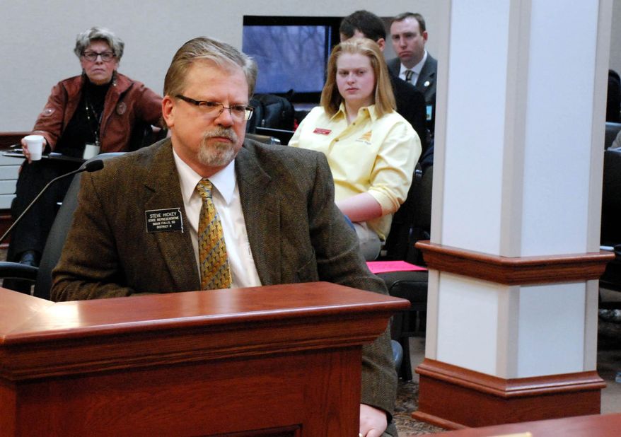 Rep. Steve Hickey, R-Sioux Falls, asks a South Dakota legislative committee on Thursday, Jan. 30, 2014, in Pierre, S.D., to pass a bill that would protect clergy who refuse to take part in gay marriages. The Senate Judiciary Committee defeated the bill. (AP Photo/Chet Brokaw)