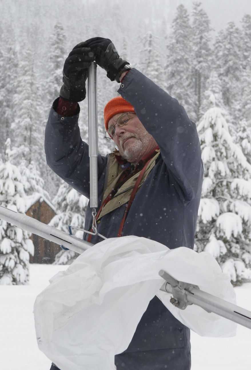 Frank Gehrke, chief of the California Cooperative Snow Survey Program for the Department of Water Resources, weights the snow collected during the second snow survey of the year near Echo Summit, Calif., Thursday, Jan. 30, 2014. Despite the overnight snow storm the survey showed the snow depth at 12.4 inches with a water content of only 1.4 inches for this location at this time of the year. Gehrke said that while the recent snow fall will help, it is not enough to impact the water supply.(AP Photo)
