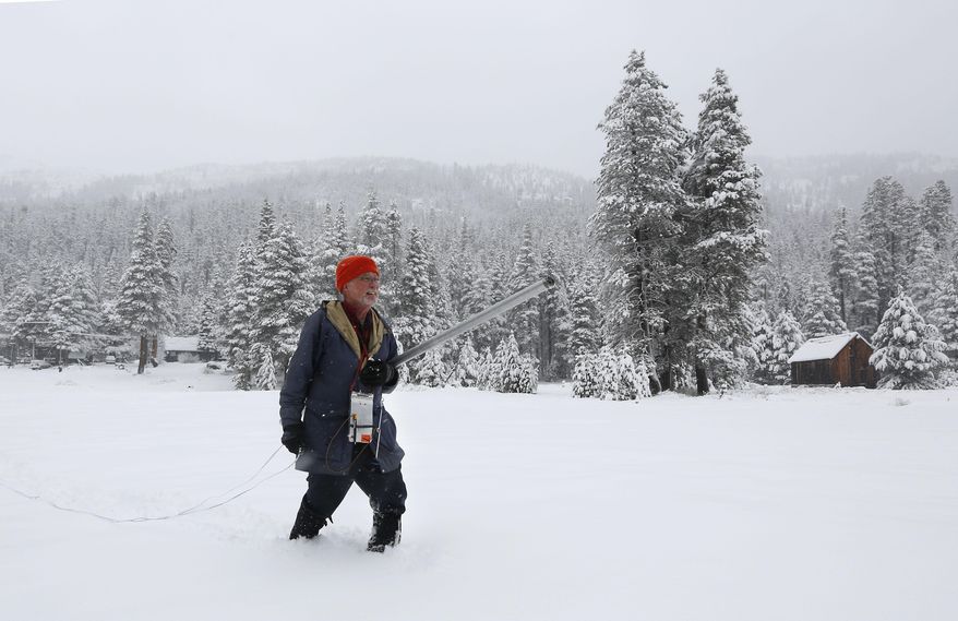 Frank Gehrke, chief of the California Cooperative Snow Survey Program for the Department of Water Resources, walks through a snow covered meadow to conduct the second snow survey of the year near Echo Summit, Calif., Thursday, Jan. 30, 2014. Despite the overnight snow storm the survey showed the snow depth at 12.4 inches with a water content of only 1.4 inches for this location at this time of the year. Gehrke said that while the recent snow fall will help, it is not enough to impact the water supply.(AP Photo)