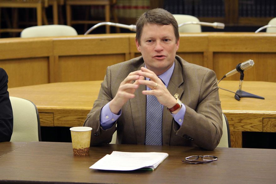 Rep. Mike McLane, R-Powell Butte, speaks to reporters at a legislative forum organized by The Associated Press on Thursday, Jan. 30, 2014 in Salem, Ore. (AP Photo)