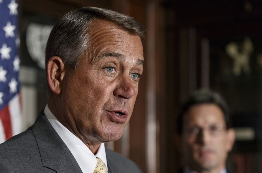 FILE - This Jan. 28, 2014 file photo shows House John Boehner of Ohio, accompanied by House Majority Leader Eric Cantor of Va. speaking at Republican National Committee headquarters in Washington. House Republican leaders challenged President Barack Obama on Thursday to override the opposition of the Senate's top Democrat and help pass trade legislation the administration favors. "The president ought to stand up and lead on this issue," House Speaker John Boehner of Ohio said at a news conference at a three-day retreat for members of the party's rank-and-file. (AP Photo/J. Scott Applewhite, File)