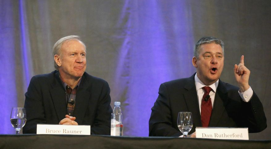 FILE - In this Jan. 16, 2014 file photo, Illinois Republican gubernatorial candidates, businessman Bruce Rauner, left, and Illinois Treasurer Dan Rutherford participate in a business forum in Mount Prospect, Ill. On Friday, Jan. 31, 2014, at a news conference in Chicago, Rutherford says his office is investigating allegations against him made by an employee he suspects was put up to it by rival candidate Rauner. Rutherford refused to release details of the complaint. (AP Photo/Charles Rex Arbogast, File)
