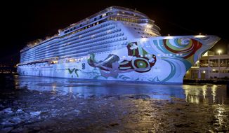 This Jan. 30, 2014 photo shows the cruise ship Norwegian Getaway in the icy Hudson River in New York. The cruise ship is serving as a hotel, renamed the Bud Light Hotel, for hosting Super Bowl-related events, before returning to its homeport in Miami. (AP Photo)
