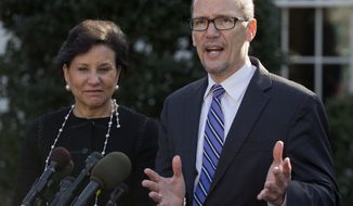 ** FILE ** Commerce Secretary Penny Pritzker, left, and Labor Secretary Thomas Perez speak to the media outside the West Wing of the White House, Friday, Jan. 31, 2014, in Washington, after an event in the East Room of the White House about the long-term unemployed. (AP Photo/Carolyn Kaster)