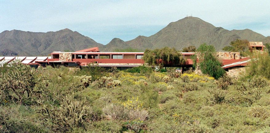 FILE - In this March 20, 2001 file photo, Frank Lloyd Wright's winter home and studio, also known as Taliesin West, is shown in Scottsdale, Ariz., on March 20, 2001. The Frank Lloyd Wright Foundation has hired experts to track damage and needed improvements for Taliesin West in Scottsdale. Foundation officials say leaky roofs, cracking paint and an outdated system of water wells are among the problems. The foundation plans to solicit public donations to help fund the work. (AP Photo/Jason Wise)