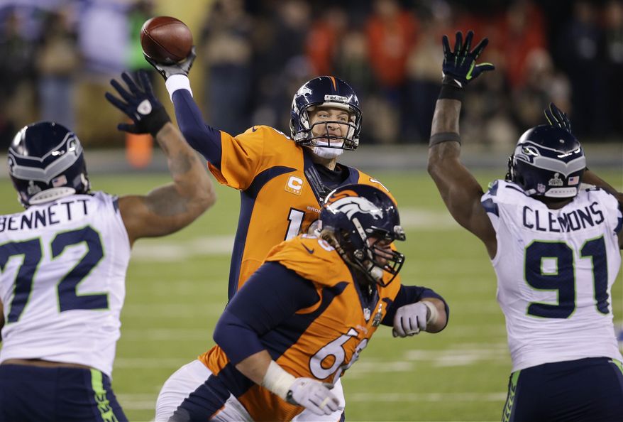 Denver Broncos' Peyton Manning throws against the Seattle Seahawks during the second half of the NFL Super Bowl XLVIII football game Sunday, Feb. 2, 2014, in East Rutherford, N.J. (AP Photo/Chris O'Meara)