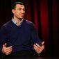 Heavyweight boxer Wladimir Klitschko speaks during an interview at the Associated Press in New York, Monday, Feb. 3, 2014. Klitschko will face Alex Leapai, a native of Samoa who lives in Australia, on April 26, 2014 in Oberhausen, Germany. (AP Photo/Peter Morgan)