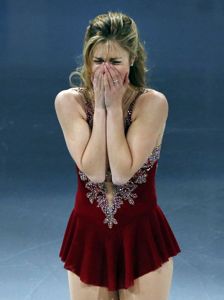 U.S. Olympic skater Ashley Wagner becomes emotional after her performance at the skating spectacular after the U.S. Figure Skating Championships in Boston, Sunday, Jan. 12, 2014. (AP Photo/Elise Amendola)