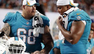 FILE - In this Aug. 24, 2013, file photo, Miami Dolphins guard Richie Incognito (68) and tackle Jonathan Martin (71) look over plays during an NFL preseason football game against the Tampa Bay Buccaneers in Miami Gardens, Fla. A report is expected soon from the NFL investigation into the Dolphins&#x27; harassment scandal involving Martin and Incognito. The Dolphins don&#x27;t expect any major revelations, but neither player is likely to be back with the team next season.  (AP Photo/Wilfredo Lee, File)