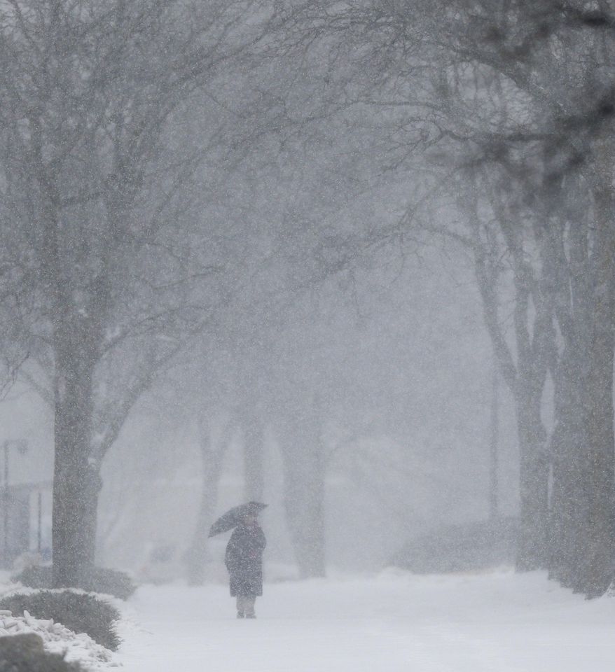 A woman with an umbrella walks in the snow along Jayhawk Boulevard on the University of Kansas campus in Lawrence, Kan., Tuesday, Feb. 4, 2014. A major winter storm brought heavy snow Tuesday across much of Kansas, threatening the Topeka area with up to a foot of snow. Kansas government ground to a halt as lawmakers postponed legislative work and state departments urged their workers to stay home. Schools throughout the state canceled classes. (AP Photo/Orlin Wagner)