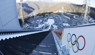 The photo taken with a fisheye lens show the start area on the large hill of the ski jumping stadium for the 2014 Winter Olympics, Tuesday, Feb. 4, 2014, in Krasnaya Polyana, Russia. (AP Photo/Dmitry Lovetsky)