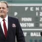**FILE** Former Boston Red Sox pitcher Curt Schilling looks on after being introduced as a new member of the Boston Red Sox Hall of Fame before the baseball game between the Boston Red Sox and the Minnesota Twins at Fenway Park in Boston Friday, Aug. 3, 2012. (AP Photo/Winslow Townson)