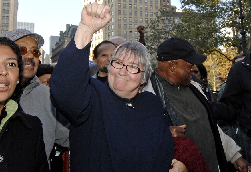 FILE - This Oct. 16, 2006 file photo, lawyer Lynne Stewart enters Manhattan federal court for her sentencing in New York. Attorney Jill Shellow says in court papers filed Monday, July 29, 2013, that 73-year-old Lynne Stewart will soon succumb to breast cancer. Stewart was convicted in 2005 of providing support to terrorist organizations by letting the imprisoned sheik communicate with his followers. The sheik is serving a life sentence for conspiracies to blow up New York landmarks and assassinate then-Egyptian President Hosni Mubarak. Stewart represented the sheik at his 1995 trial. She's serving 10 years in prison. She's been imprisoned since 2009. A compassionate-release request was previously denied. (AP Photo/ Louis Lanzano)