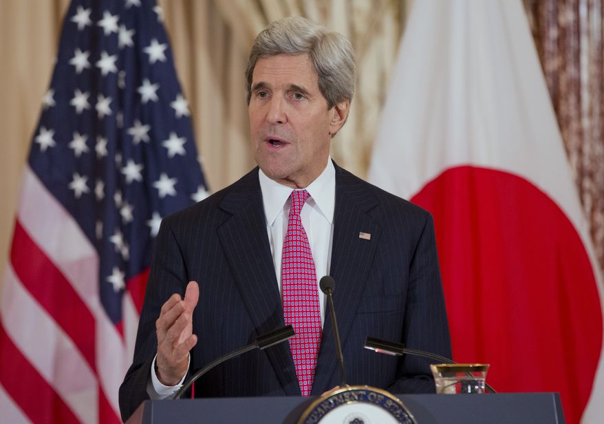 Secretary of State John Kerry speaks at the State Department in Washington, Friday, Feb. 7, 2014, after a meeting with Japanese Foreign Minister Fumio Kishida. (AP Photo/ Evan Vucci)