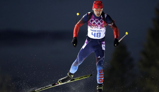 Russia's Anton Shipulin competes during the men's biathlon 10k sprint, at the 2014 Winter Olympics, Saturday, Feb. 8, 2014, in Krasnaya Polyana, Russia. (AP Photo/Felipe Dana)