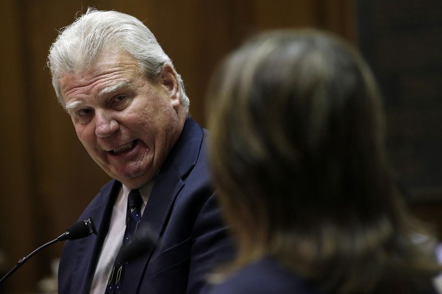 Rep. Eric Turner, R-Cicero, left, responds to a question from Rep. Shelli VanDenburgh, D-Crown Point, during debate on a proposed amendment to the state's constitution to ban gay marriage in the House of Representatives at the Statehouse in Indianapolis, Tuesday, Jan. 28, 2014. The bill passed the Indiana House 57-40 and now moves onto the Indiana Senate. Opponents of same-sex marriage have spent more than a decade working to ensure that Indiana stayed true to its conservative roots by strengthening its stance against gay unions. But in a year that was expected to bring a crucial victory, they find themselves facing a strong headwind. (AP Photo/AJ Mast)