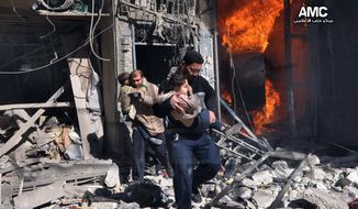 In this photo provided by the anti-government activist group Aleppo Media Center (AMC), which has been authenticated based on its contents and other AP reporting, Syrian men help survivors out of a destroyed building after a Syrian forces warplane&#39;s attack in Aleppo, Syria, Saturday, Feb. 8, 2014. Syrian military aircraft dropped barrels bombs on rebel-held areas in the northern city of Aleppo on Saturday. (AP Photo/Aleppo Media Center AMC)