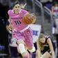 Washington&#39;s Kelsey Plum (10) races up court against Stanford in the first half of an NCAA women&#39;s basketball game, Sunday, Feb. 9, 2014, in Seattle. (AP Photo/Elaine Thompson)