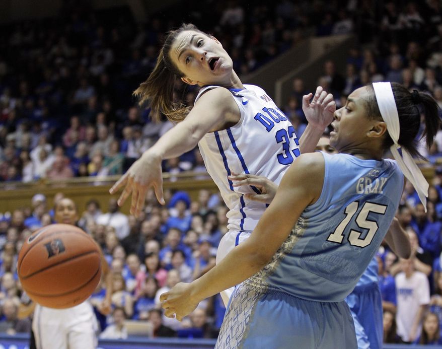 North Carolina's Allisha Gray (15) and Duke's Haley Peters (33) reach for the ball during the first half of an NCAA college basketball game in Durham, N.C., Monday, Feb. 10, 2014. (AP Photo/Gerry Broome)