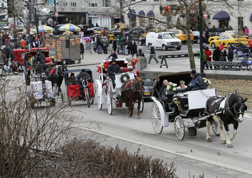 FILE- In this Dec. 31, 2013 file photo, passengers enjoy a horse-drawn carriage ride near Central Park on New Year's Eve day in New York. New York City Mayor Bill de Blasio seeks to end horse-drawn-carriage rides in New York City, but carriage drivers say it will eliminate a rare outlet for surplus horses pouring out of the farming and racing industries and send horses to the slaughterhouse. (AP Photo/Frank Franklin II, File)