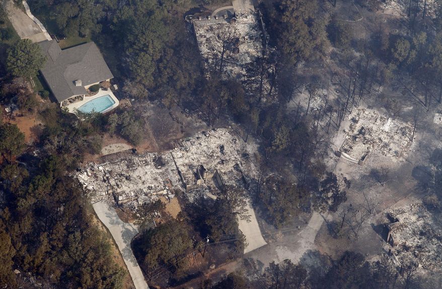 File - In this Sept. 7, 2011 file photo, homes destroyed by wildfire are seen near Bastrop, Texas. Forestry officials say this year's wildfire threat will be highest in only some parts of Texas but even that danger isn't close to what happened three years ago when blazes burned more than 2,700 homes and blackening about 6,200 square miles (AP Photo/Eric Gay, File)