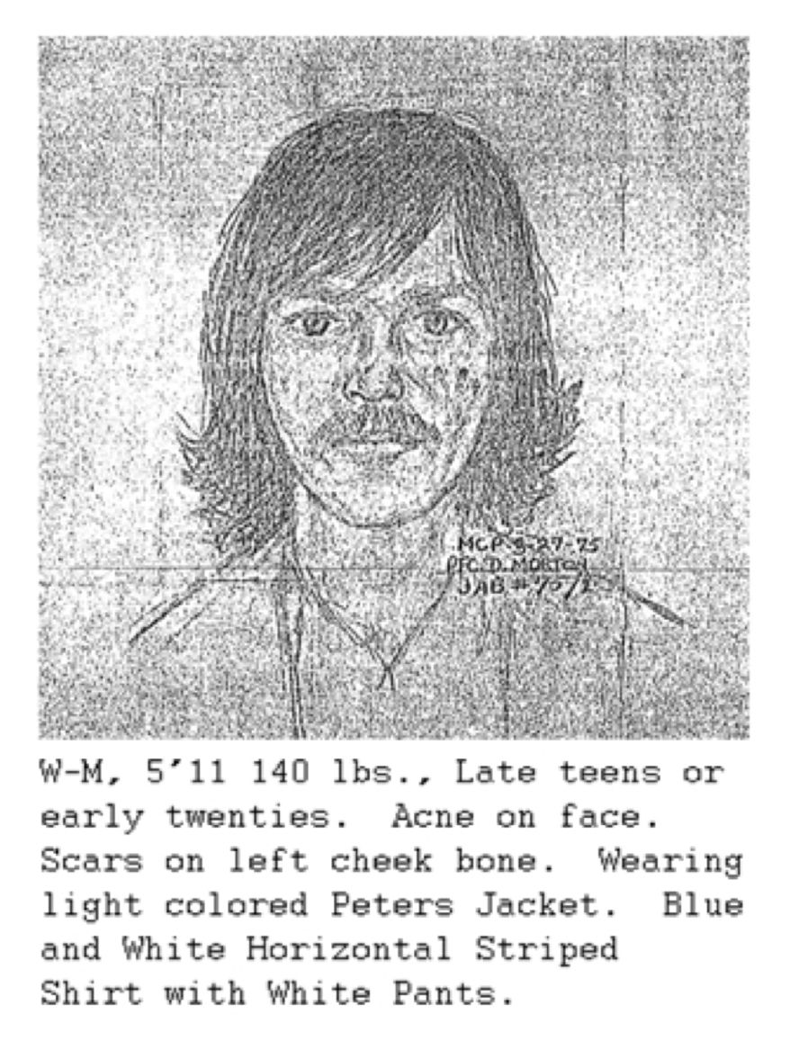 Sketch provided by witness who was at Wheaton Plaza on the day of the Lyon sisters' disappearance. The witness stated that the person depicted in the sketch was fixated on the girls.