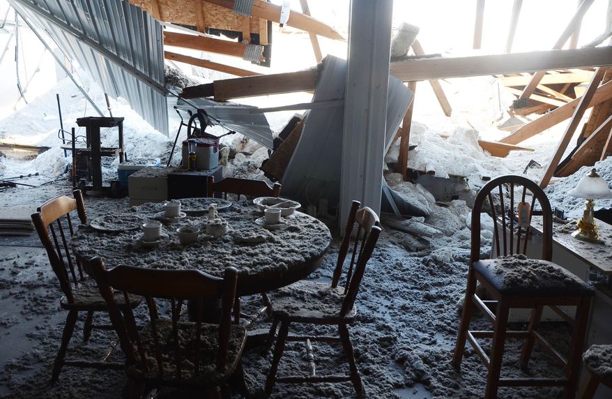 Debris covers the inside of Dusty DeCair' s consignment shop after the roof collapsed in Marshall Township, Mich. DeCair lost tools, air compressors, fountains, seasonal items, shelving and more during the Tuesday collapse in Marshall Township. Snow is being blamed for the collapse. (AP Photo/The Enquirer, John Grap) NO SALES