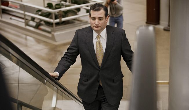 Sen. Ted Cruz, R-Texas arrives on Capitol Hill in Washington, Wednesday, Feb. 12, 2014, as senators go to the chamber for a vote to extend the Treasury&#x27;s borrowing authority. Congress appears on track to send President Barack Obama must-do legislation to extend Treasury&#x27;s borrowing authority without any concessions from the White House. (AP Photo/J. Scott Applewhite)