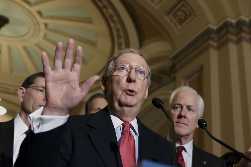 **FILE** Senate Minority Leader Mitch McConnell of Ky., center, accompanied by GOP leaders, talk to reporters on Capitol Hill in Washington, Tuesday, Jan. 28, 2014, prior to President Barack Obama’s State of the Union address. From left are, Sen. John Barrasso, R-Wyo., the Republican Policy Committee chairman; Sen. John Thune, R-S.D.; and and Senate Minority Whip John Cornyn of Texas. (AP Photo/J. Scott Applewhite)