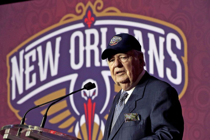 FILE - In this Jan. 24, 2013 file photo, New Orleans Hornets NBA team owner Tom Benson speaks at a news conference announcing that the NBA basketball team's name will change from the Hornets to the Pelicans, in New Orleans. One of the people most responsible for bringing NBA All-Stars back to the Big Easy this weekend is an 86-year-old man who wasn't that into basketball for much of his life. He is Tom Benson. And in New Orleans, NBA fans and community leaders are grateful the Pelicans owner finally came around. (AP Photo/Gerald Herbert, File)