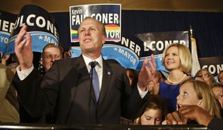 San Diego mayoral candidate Kevin Faulconer tells his supporters that while there are still votes to be counted they are looking good at a rally Tuesday, Feb. 11, 2014, in San Diego. (AP Photo/Lenny Ignelzi)