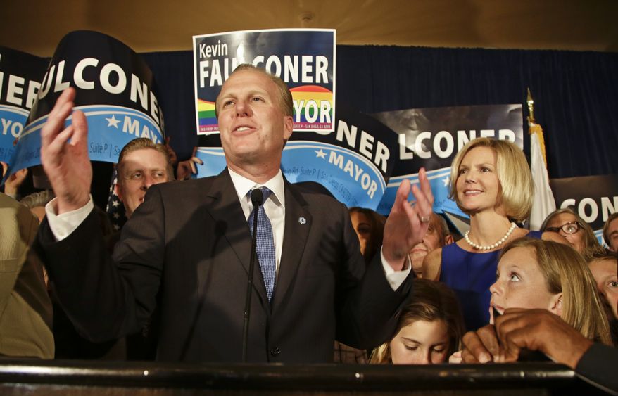 San Diego mayoral candidate Kevin Faulconer tells his supporters that while there are still votes to be counted they are looking good at a rally Tuesday, Feb. 11, 2014, in San Diego. (AP Photo/Lenny Ignelzi)