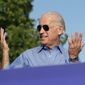 Vice President Joe Biden reacts to a comment by President Obama about his sunglasses, during a Democratic rally in Philadelphia, Sunday, Oct. 10, 2010. (AP Photo/J. Scott Applewhite)