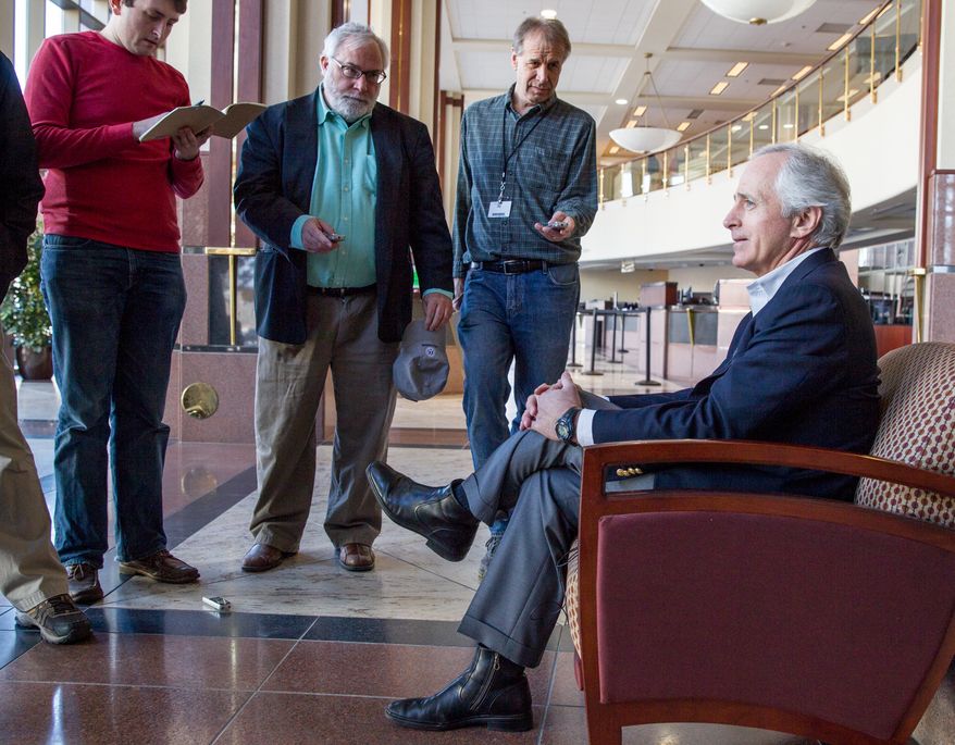 U.S. Sen. Bob Corker speaks to reporters in Chattanooga, Tenn., Saturday, Feb. 15, 2014, about the defeat of the United Auto Workers in a three-day election at the Volkswagen plant in the city. The multiyear effort to organize Volkswagen's only U.S. plant was defeated on a 712-626 vote Friday night amid heavy campaigning on both sides. (AP Photo/Erik Schelzig)