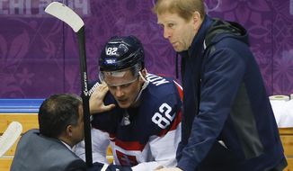 Slovakia forward Tomas Kopecky is checked by a trainer in the first period of a men&#x27;s ice hockey game against Slovenia at the 2014 Winter Olympics, Saturday, Feb. 15, 2014, in Sochi, Russia. (AP Photo/Mark Humphrey)