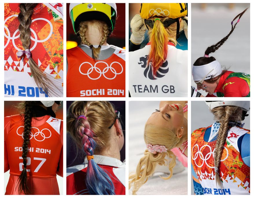 This combination photo shows various hairstyles worn by Olympic athletes at the 2014 Winter Olympics in Sochi, Russia. Top row, from left; Canada's Marie-Pier Prefontaine, women's super-G; Norway's Gyda Enger, normal hill ski jumping; Elise Christie of Britain, 500m short track speedskating; Canada's Daria Gaiazova, 4x5K cross-country relay; bottom row, Russia's Irina Avvakumova, normal hill ski jumping; United States' Jessica Diggins, 4x5K cross-country relay; Stacey Kemp of Britain, pairs short program figure skating; and Norway's Ragnhild Mowinckel, downhill. (AP Photo)