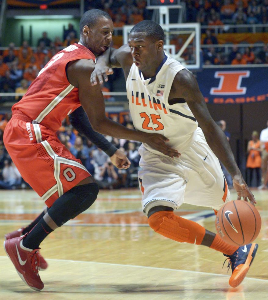 Illinois' Kendrick Nunn (25) drives past Ohio State's guard Shannon Scott during the first half of an NCAA college basketball game in Champaign, Ill., on Saturday, Feb. 15, 2014. (AP Photo/Robin Scholz)