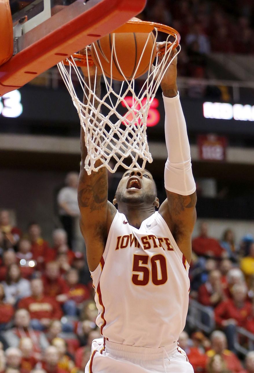 Iowa State guard DeAndre Kane dunks the ball during the first half of an NCAA college basketball game again Texas Tech at Hilton Coliseum in Ames, Iowa, Saturday, Feb. 15, 2014. (AP Photo/Justin Hayworth)