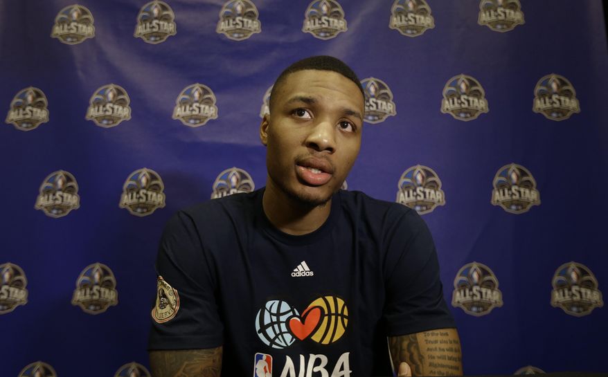 Portland Trail Blazers player Damian Lillard speaks during the NBA All Star basketball news conference, Friday, Feb. 14, 2014, in New Orleans. The 63rd annual NBA All Star game will be played Sunday in New Orleans. (AP Photo/Gerald Herbert)