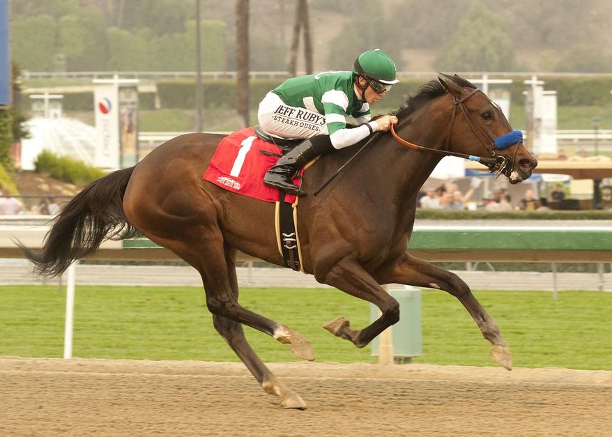 In a photo provided by Benoit Photo, Iotapa and jockey Joe Talamo win the Grade II $200,000 Santa Maria Stakes horse race Saturday, Feb. 15, 2014, at Santa Anita Park in Arcadia, Calif. (AP Photo/Benoit Photo)