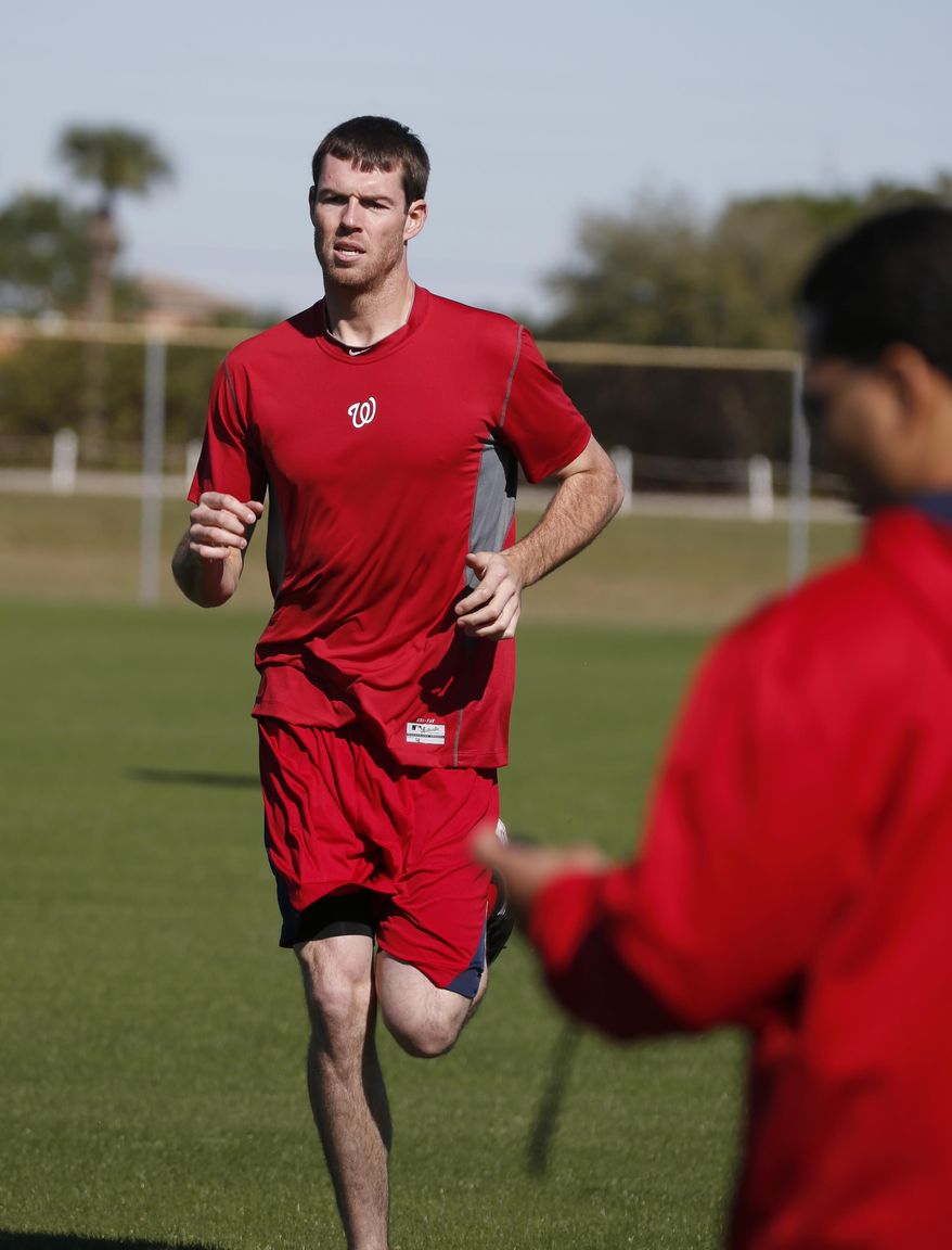 Washington Nationals pitcher Doug Fister runs as he is timed during a spring training baseball workout, Friday, Feb. 14, 2014, in Viera, Fla. (AP Photo/Alex Brandon)