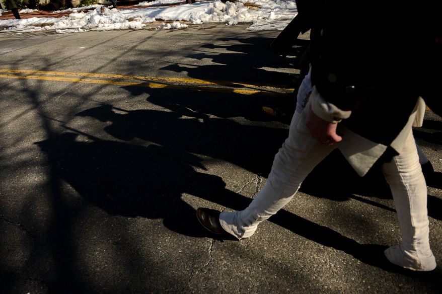 Members of the 1st Virginia Regiment march in the annual Old Town Alexandria President's Day Parade, Alexandria, Va., Monday, February 17, 2014. (Andrew Harnik/The Washington Times)