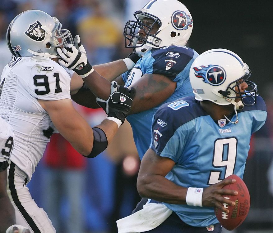 FILE - In this June 14, 2006 file photo, Tennessee Titans left tackle Brad Hopkins, center, blocks Oakland Raiders linebacker Tyler Brayton, left, as Titans quarterback Steve McNair looks for a receiver during a football game against the Oakland Raiders in Nashville, Tenn. Playing offensive lineman is a job like no other in the NFL. The standard job description: Weigh at least 300 pounds, be strong and aggressive enough to push around a man just as heavy against his will, expect to toil in anonymity unless a mistake is made. (AP Photo/John Russell, File)