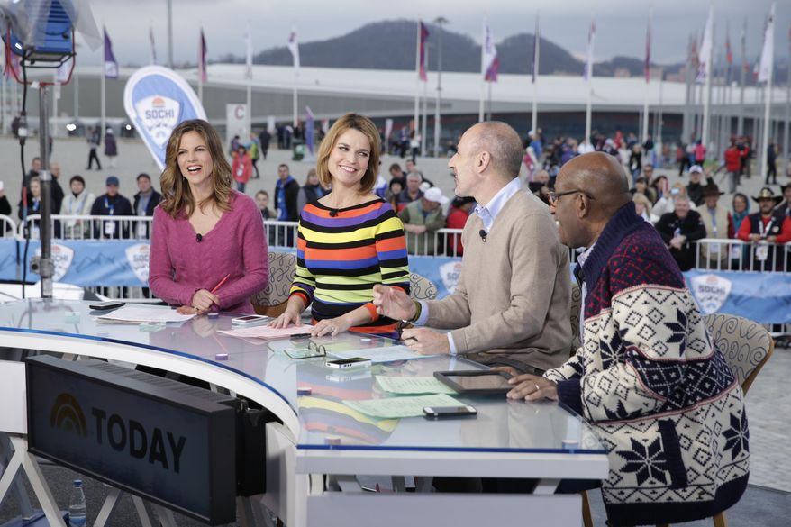 This Feb. 11, 2014 photo released by NBC shows co-hosts, from left, Natalie Morales, Savannah Guthrie, Matt Lauer and Al Roker on the &amp;quot;Today&amp;quot; show on location in Sochi, Russia for the Winter Olympics. (AP Photo/NBC, Joe Scarnici)