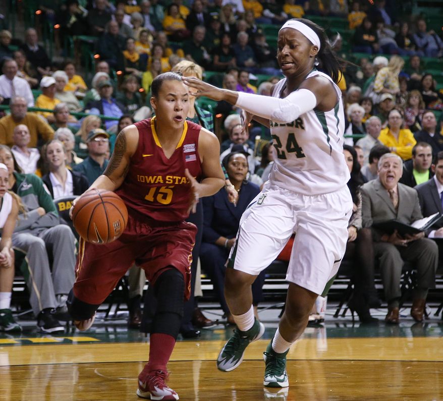 Iowa State guard Nicole (Kidd) Blaskowsky (15), left, is guarded by Baylor guard Ieshia Small (24), in the first half of an NCAA college basketball game, Wednesday, Feb. 19, 2014, in Waco, Texas. (AP Photo/Rod Aydelotte)